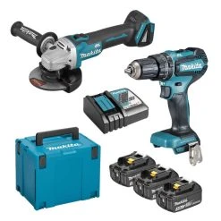 MAKITA MACHINES Pack 2 Outils MAKITA DLX2334J (DHP485Z + DGA504Z) 18V - 3x Batterie 3Ah + Chargeur En Coffret MakPac 4